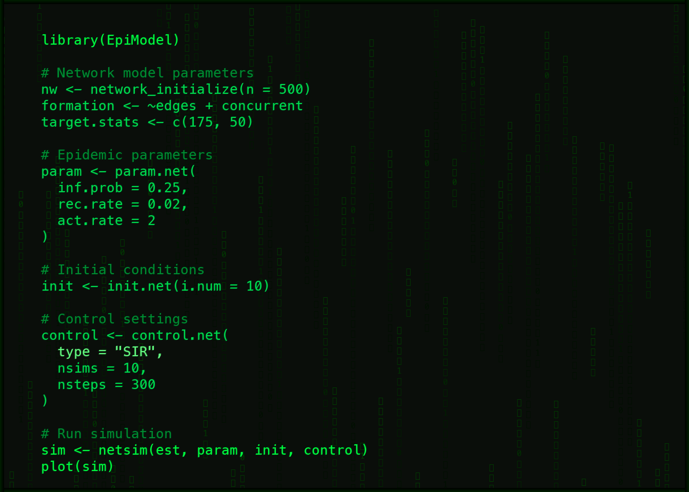 Stylized EpiModel R code on a dark background
